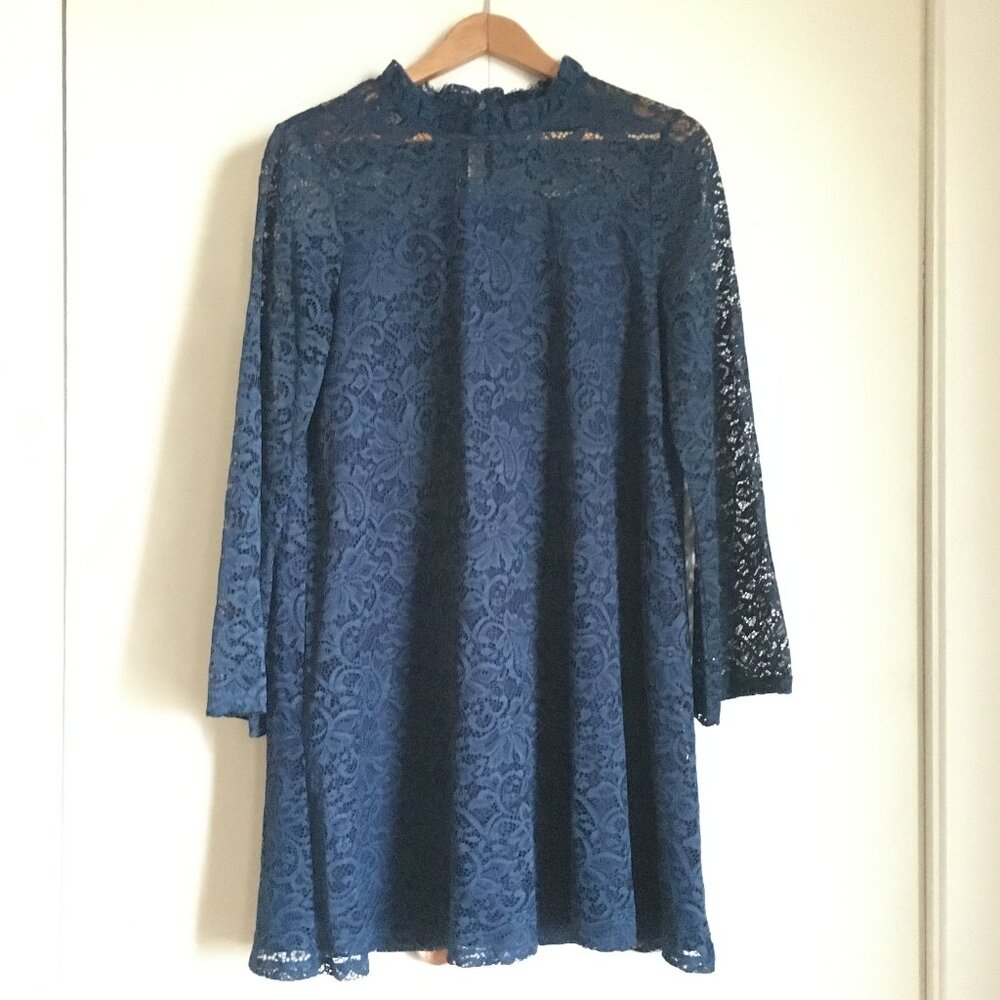 Dollette Tahari Navy Blue Lace Bell Sleeve Coquette Girl Babydoll Mini Dress